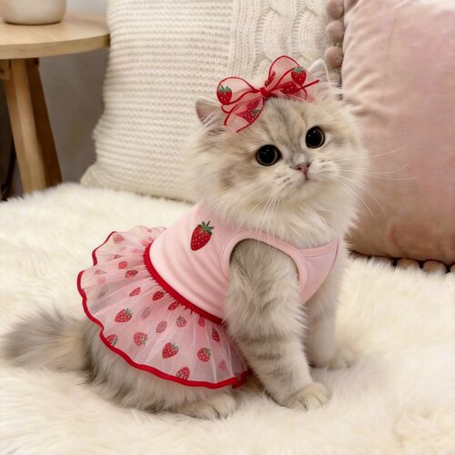 阿莫尔夏季网纱草莓猫狗连衣裙