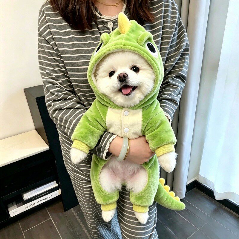 狗狗衣服冬季保暖可爱恐龙变身装泰迪比熊宠物可牵引四脚衣防掉毛