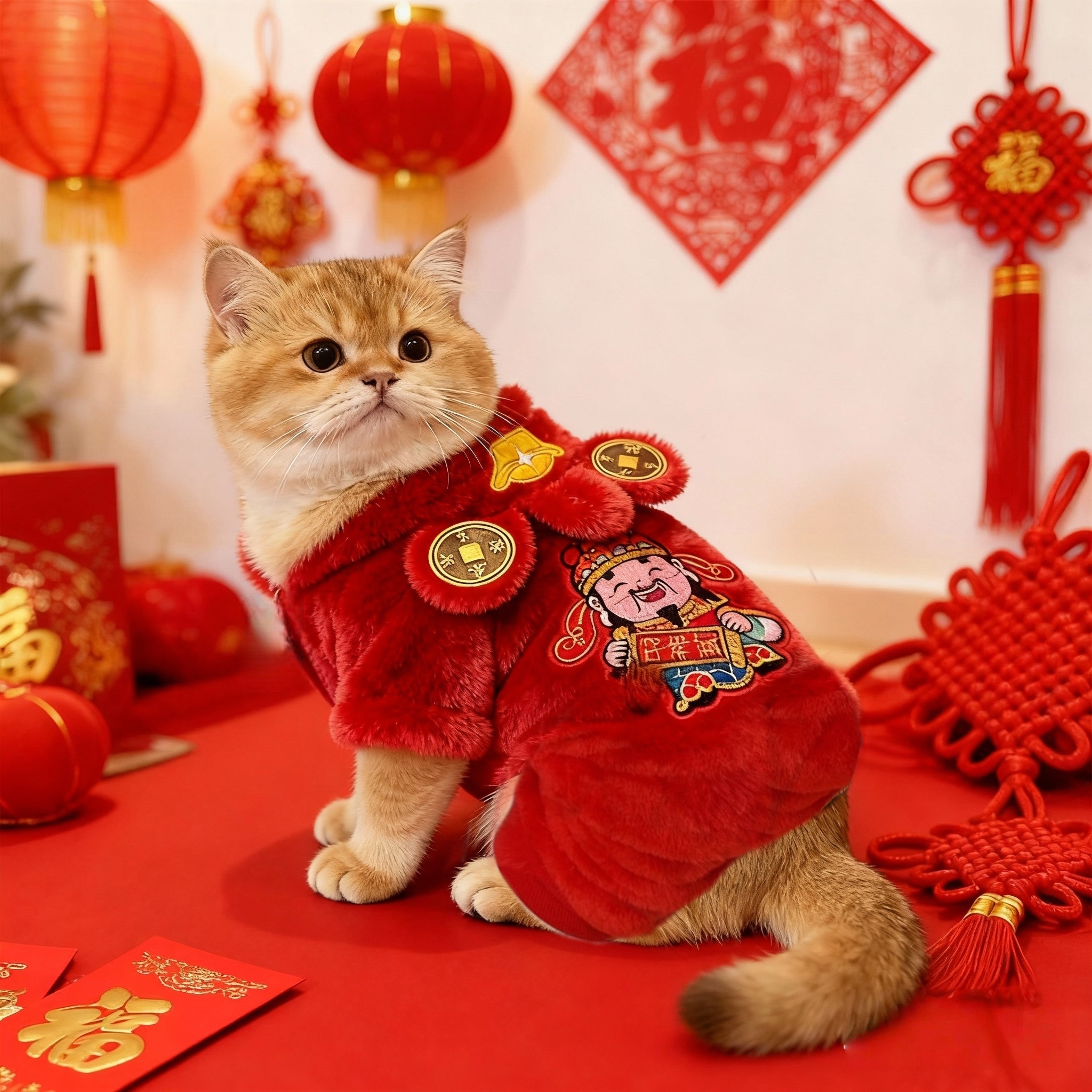 新中式红色本命年财神猫咪四脚衣