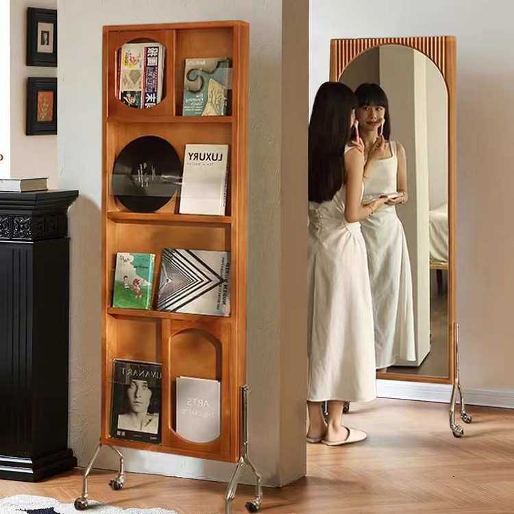 中复古风穿衣全身镜子可移动家用落地旋转书架柜杂志一体实木玄关