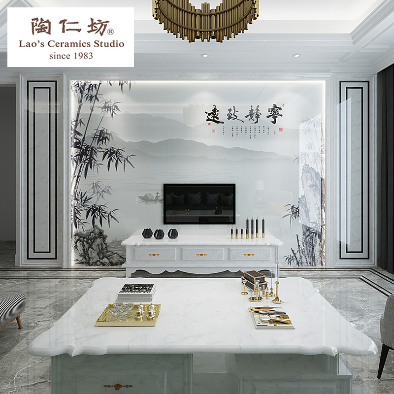 新中式客厅微晶石电视背景墙瓷砖石材罗马柱护墙板影视墙宁静致远