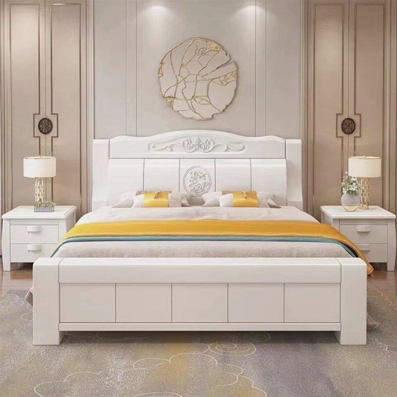 新中式纯白全实木大床高档实木床全实木床高箱储物带抽屉双人婚床