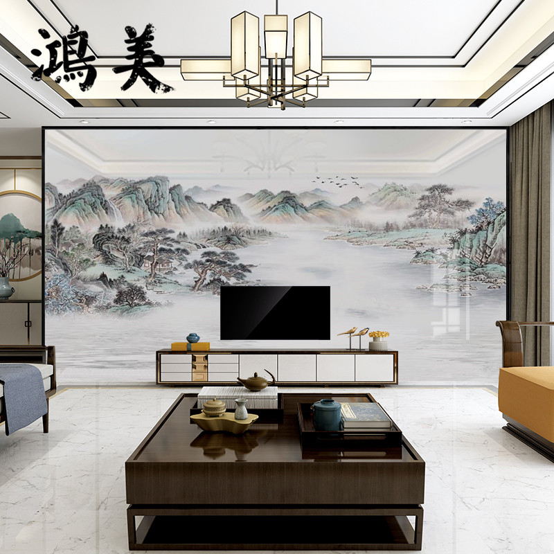 岩板电视背景墙瓷砖新中式山水画客厅背景墙微晶石材影视背景墙