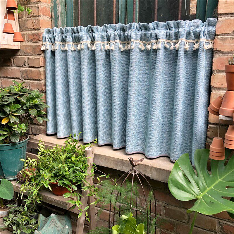 浅蓝鱼骨布帘法式隔断遮挡窗帘柜帘门帘半帘短帘魔术贴穿杆免打孔