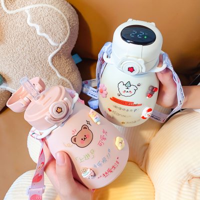 智能显温大肚杯儿童保温杯可爱高颜值吸管水杯女学生便携小巧杯子