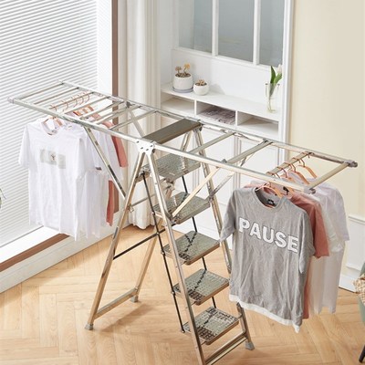 加厚不锈钢折叠家用梯子晾衣架两用室内阳台落地多功能翼型晾晒架