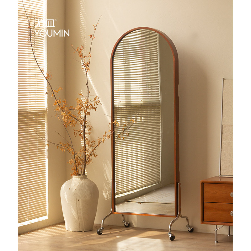尤皿 实木穿衣镜全身镜落地镜家用试衣镜子卧室可移动带杂志架