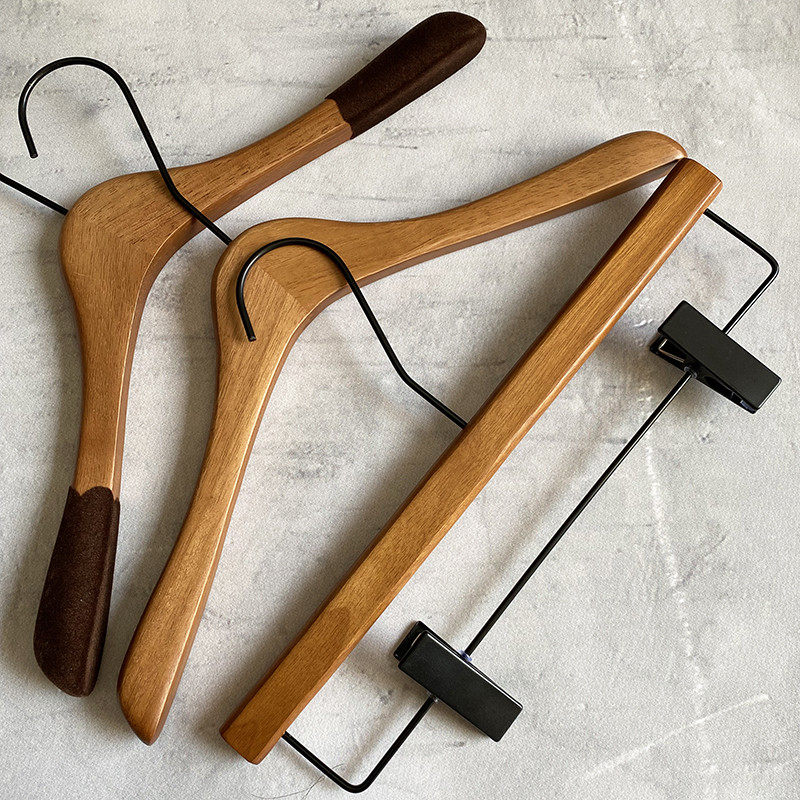 网红橡胶木服装店植绒防滑胡桃木色衣架实木男女服装店衣挂装裤架,收纳整理,木质衣架,淘宝优惠券,粉丝福利购,淘宝优惠卷