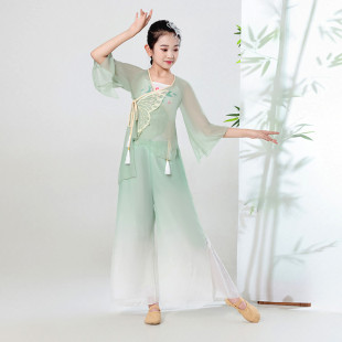 兒童古典舞蹈演出服飄逸紗衣漸變雪紡練功服女童身韻中國風(fēng)扇子舞