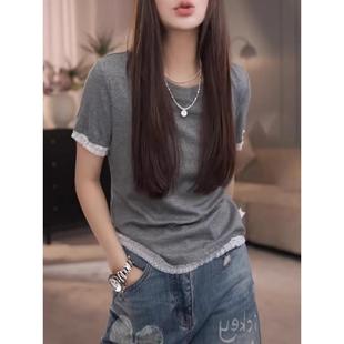 推荐大码女装蕾丝花边白色短袖t恤2025夏季新款圆领正肩纯棉体恤