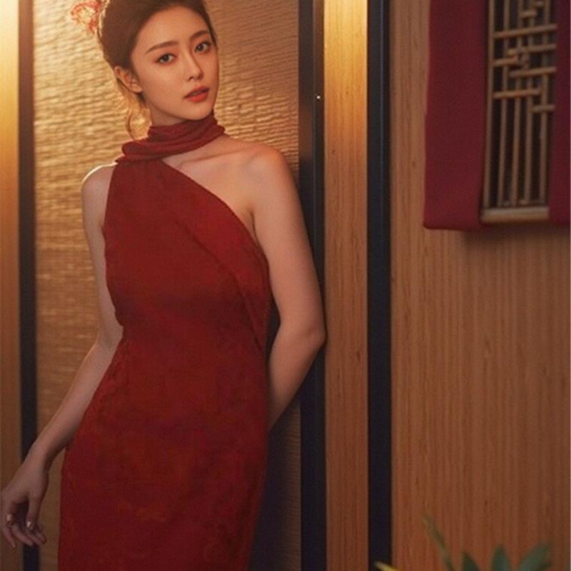 新品新中式晨袍女新娘订婚红色礼服高级感小众斜肩敬酒服回门宴连