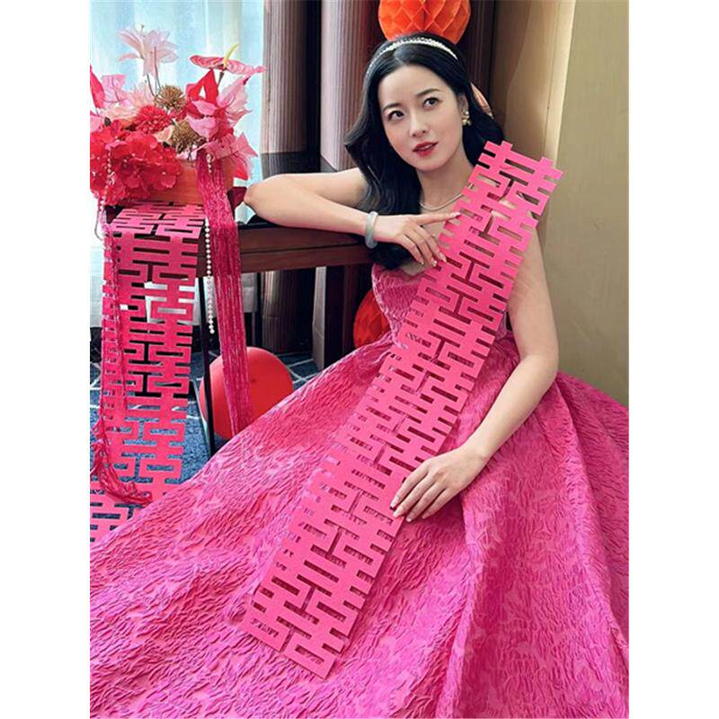 直销新中式火龙果色晨袍女新娘高级感小众轻婚纱连衣裙生日宴会晚