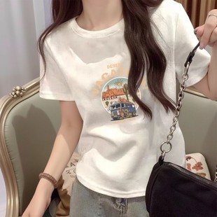 减 高货速发2025新款 纯棉正肩短袖 t恤女夏季 圆领洋气宽松百搭时尚
