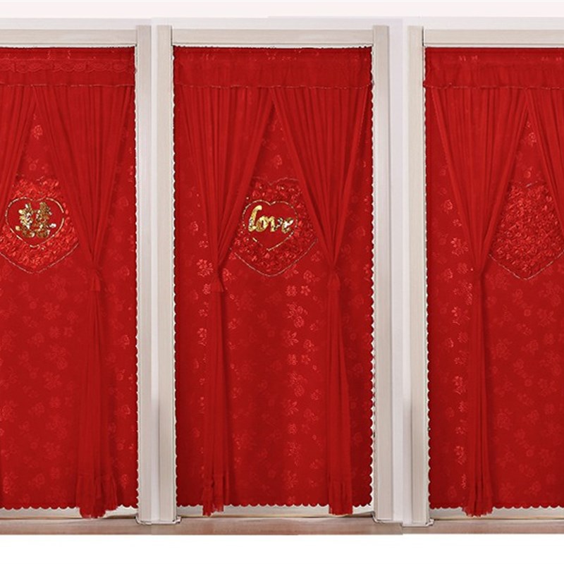 婚庆用品b大红门帘双层陪嫁卧室婚房家用蕾丝防蚊隔断装饰帘免打