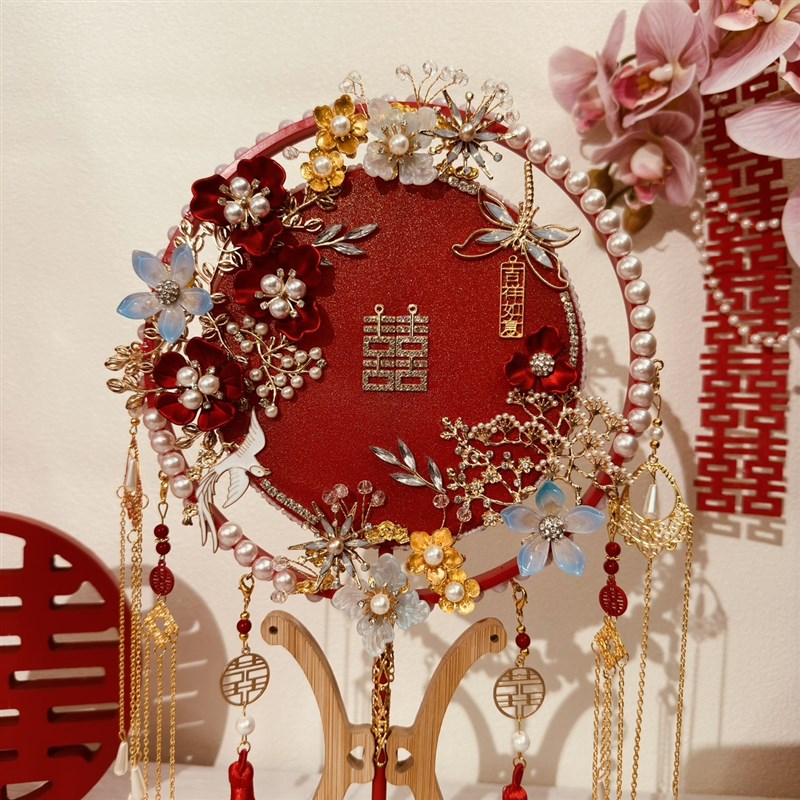 团扇新娘结婚diyl材料包秀禾婚扇喜扇婚礼扇子中式手工高级感红色