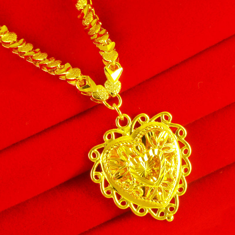 中式黄金项链仿黄金链子女款新娘结婚套链镀真金首饰老婆链爱心形