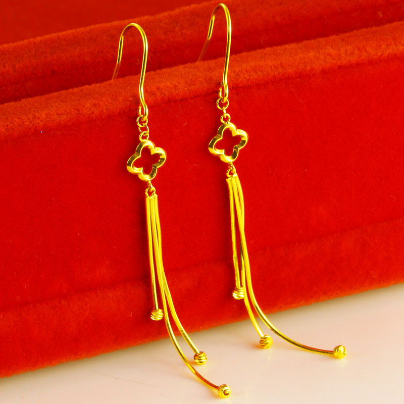 黄金耳环9999足金耳坠女款纯金耳饰真金耳挂气质素金四叶草长流苏