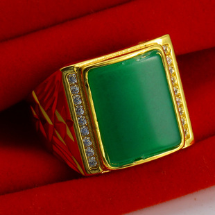 仿真黄金戒指男款女款9999仿真纯金镶玉大扳指翡翠方戒送爸爸真金