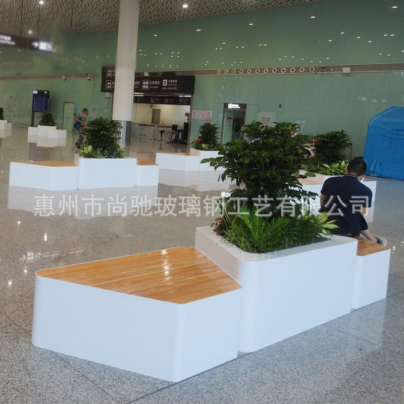 新款玻璃钢机场木纹几何型坐凳花盆组合商场公园休闲座椅等候椅子