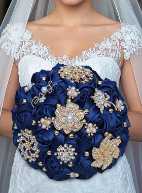 新娘缎面仿真玫瑰手捧花水钻结婚手捧花束 婚礼用品厂家现货W319O