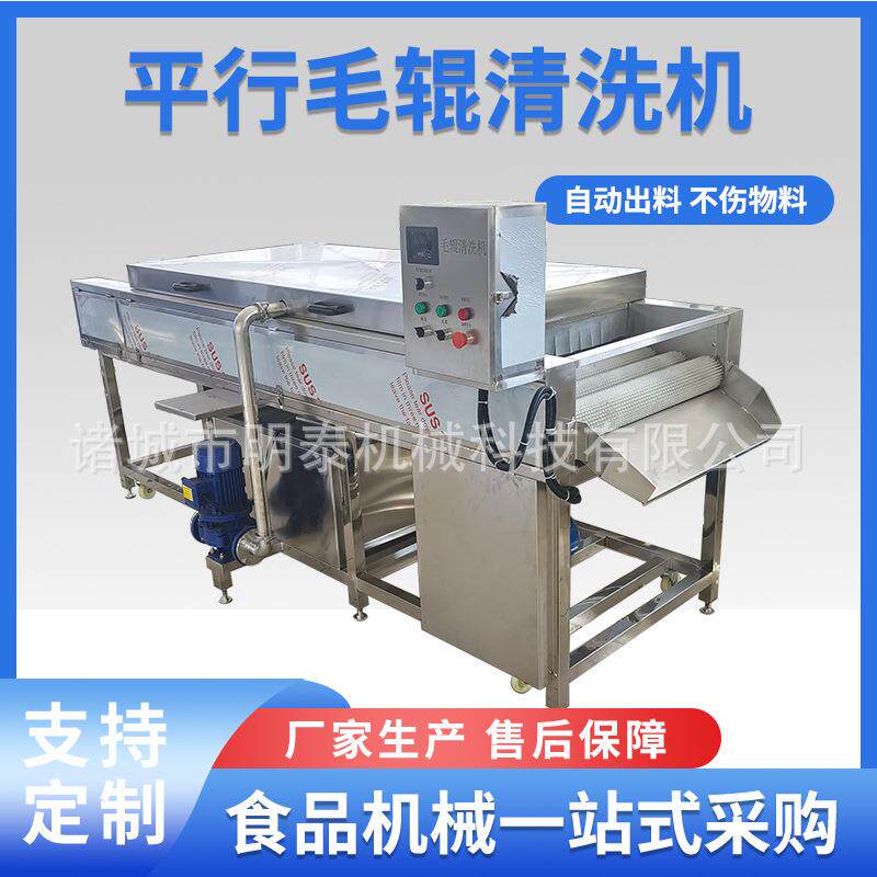 柑橘类平行毛辊清洗机贝壳类海鲜清洗去杂机根茎蔬菜清洗风干线