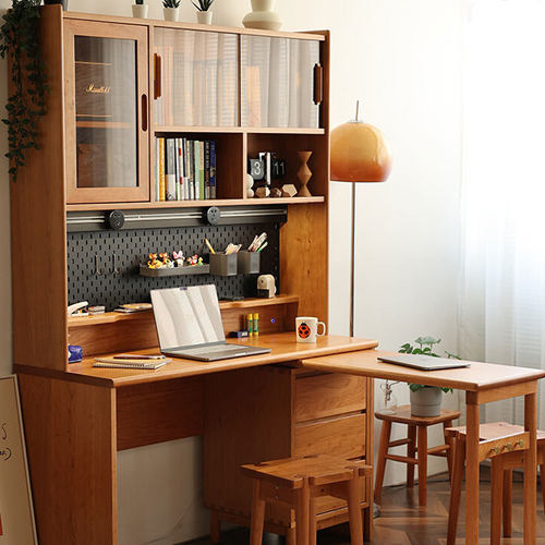 北欧实木樱桃木书桌书柜 一体家用现代简约日式电脑学习桌