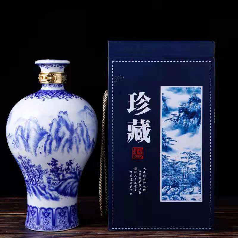 厂家供应高白釉中彩青花酒瓶5斤装仿手绘山青水秀陶瓷装酒坛批发
