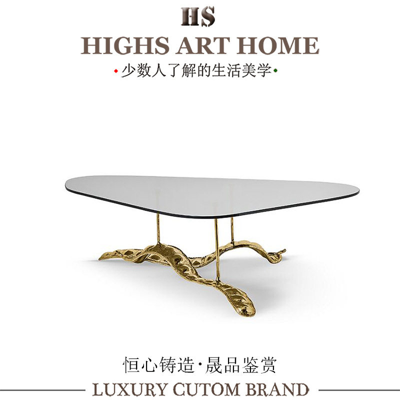 轻奢艺术设计感黄铜茶几别墅豪宅客厅创意高级玻璃茶桌table订置