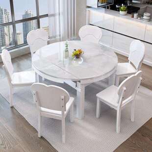 餐桌简约现代小户型微晶石客厅清爽家用可伸缩可变圆桌实木饭桌