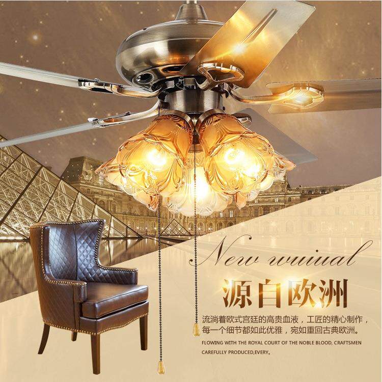 吊扇灯美式欧式简约现代风扇灯餐厅铁叶木叶卧室客厅吊扇ed复古
