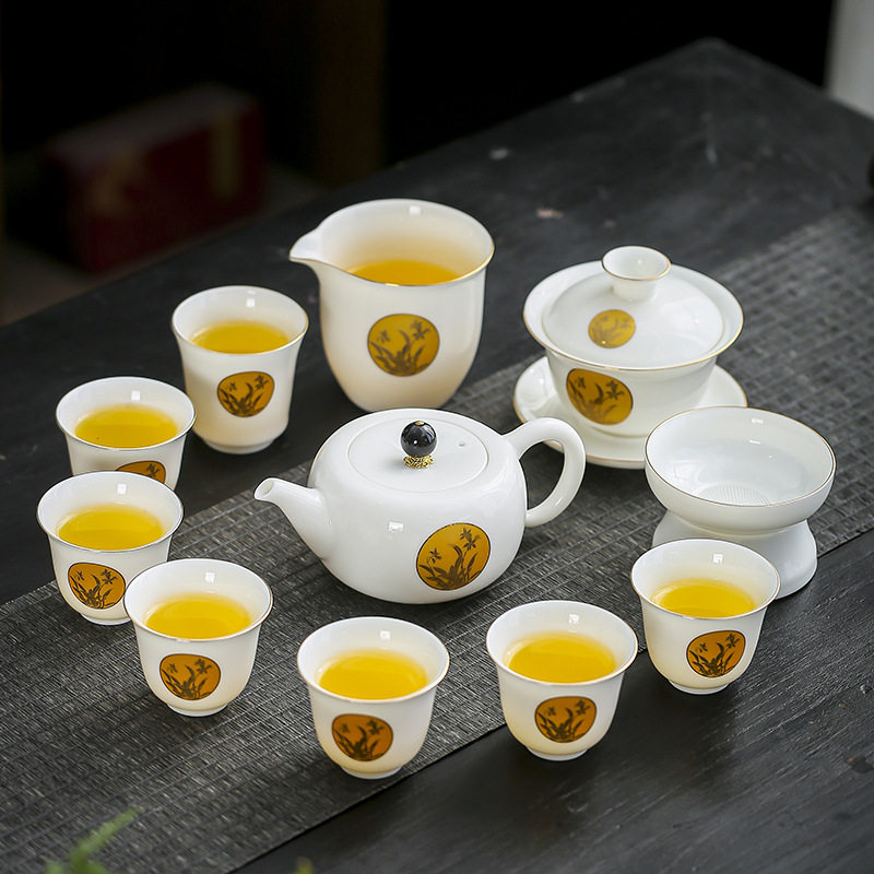晟翔陶瓷茶具套装金兰盖碗茶壶主人杯12件套