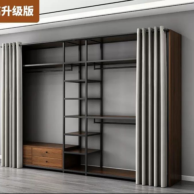 轻奢简约落地开放步入金属衣帽间挂衣架组合双层卧室衣柜定 制绢