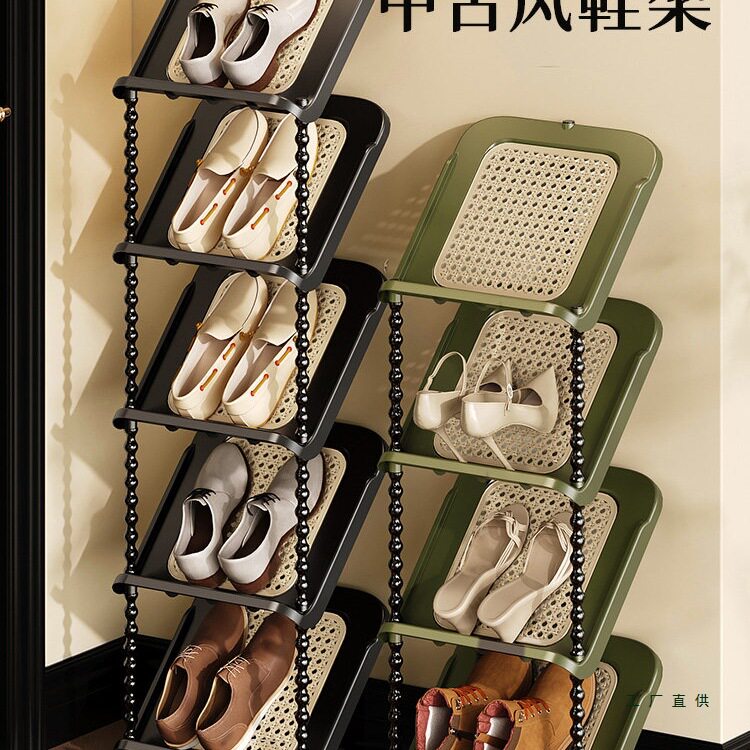 中古风藤编纹多层窄入户鞋架