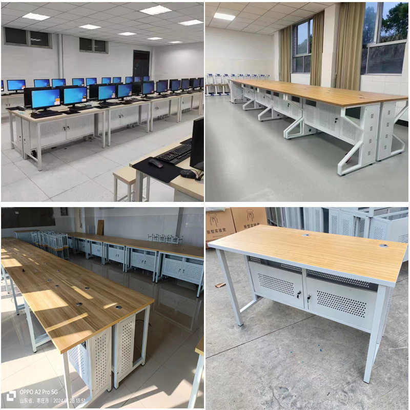 学校机房台式电脑桌微机教室单人双人钢木电脑桌六角实训桌讨论桌