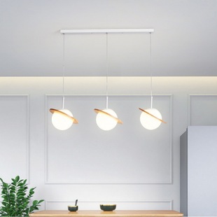 现代魔豆餐厅灯北欧木艺星球餐桌灯具创意奶白球木圈饭厅吧台吊灯