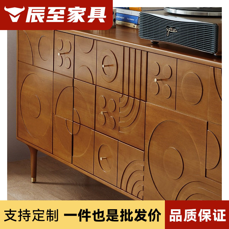 北欧中古风餐边柜现代轻奢复古雕花黄杨木储物柜子靠墙隔断玄关柜