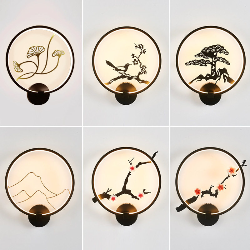 新中式led壁灯卧室床头客厅背景创意书房圆形壁灯楼梯灯具客房灯