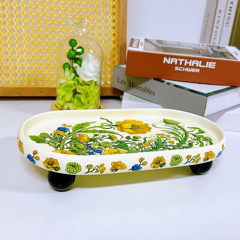 复古陶瓷托盘手绘花卉椭圆形点心盘欧式田园果碟客厅茶几装饰摆件