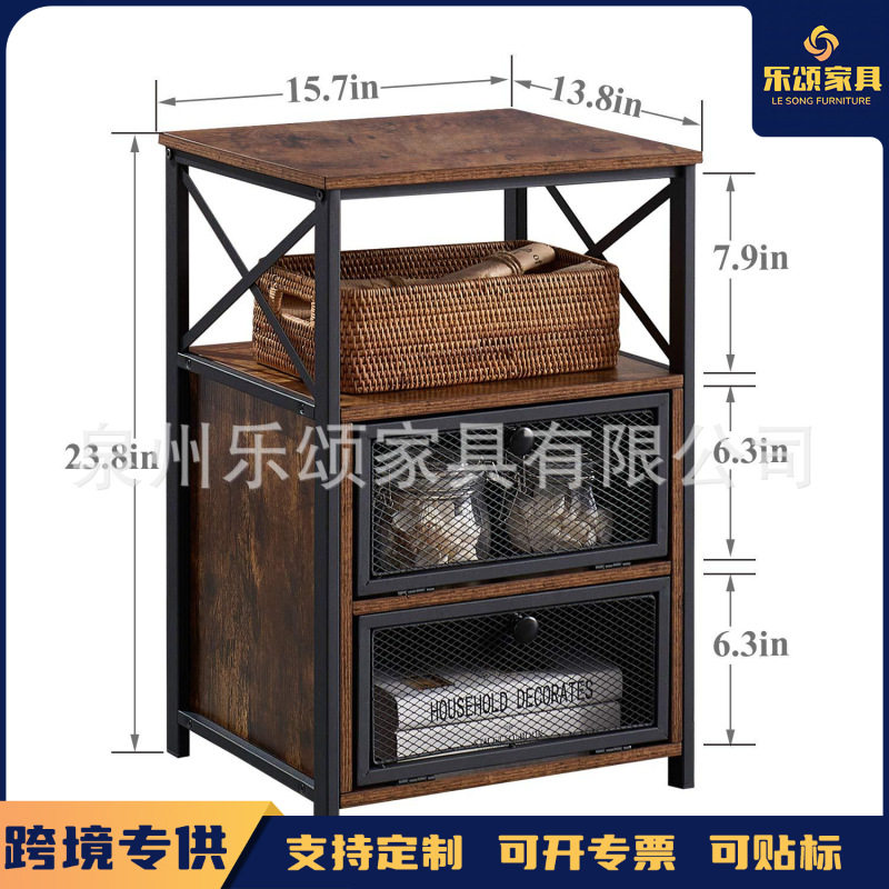 亚马逊热销 铁艺工业风床头柜带翻盖抽屉的边桌适用于卧室客厅图片