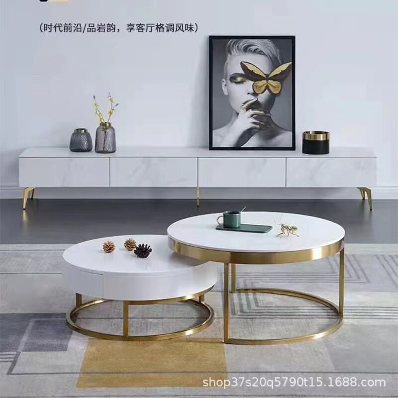 现代简约圆形轻奢客厅家用岩板大小圆组合带抽屉母子组合茶几桌子