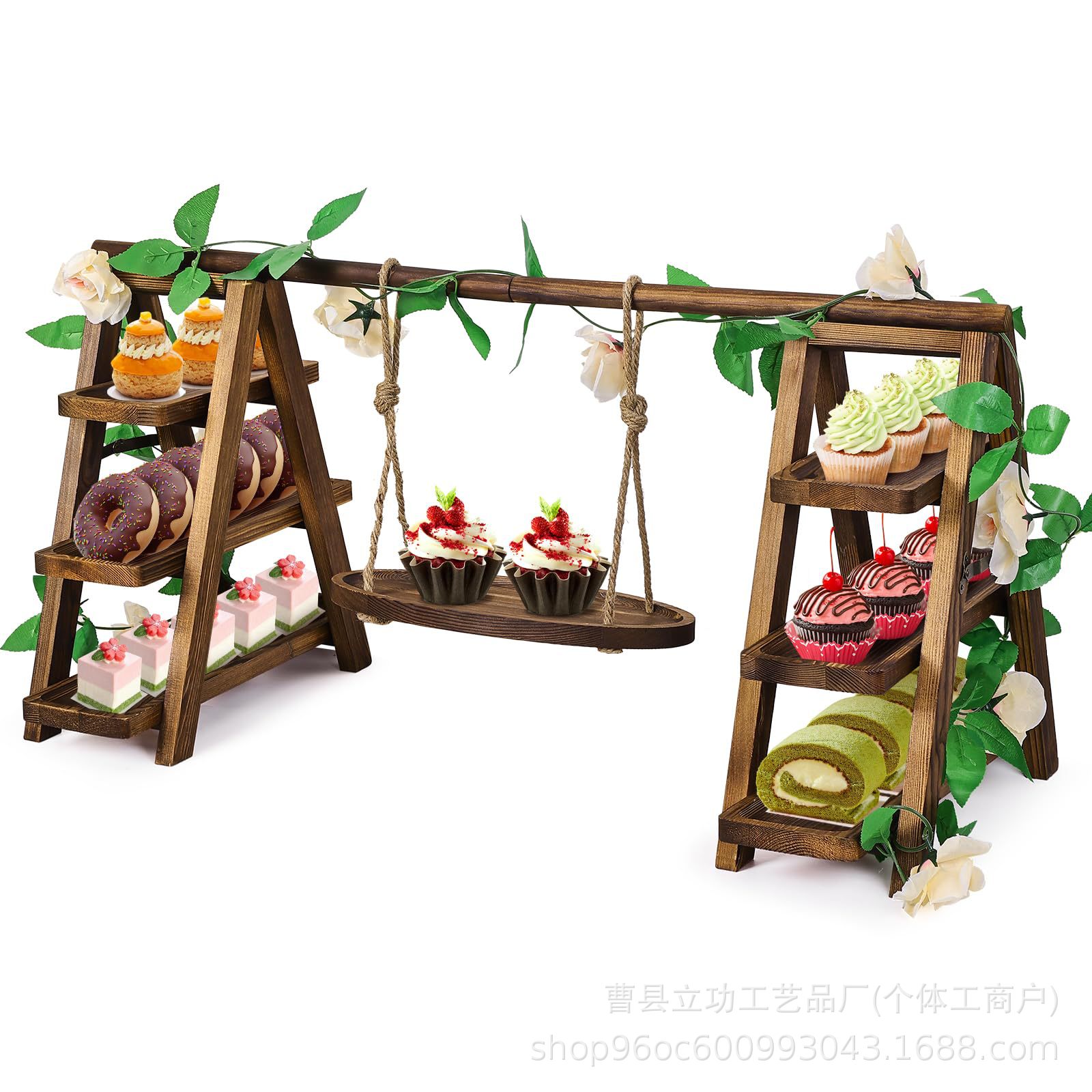 现货跨境木质蛋糕展示架秋千移动托盘展示蛋糕架派对聚餐展示架