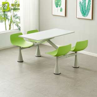 厂家供应学校食堂餐桌椅 防火板桌面喇叭腿四人位连体快餐桌椅