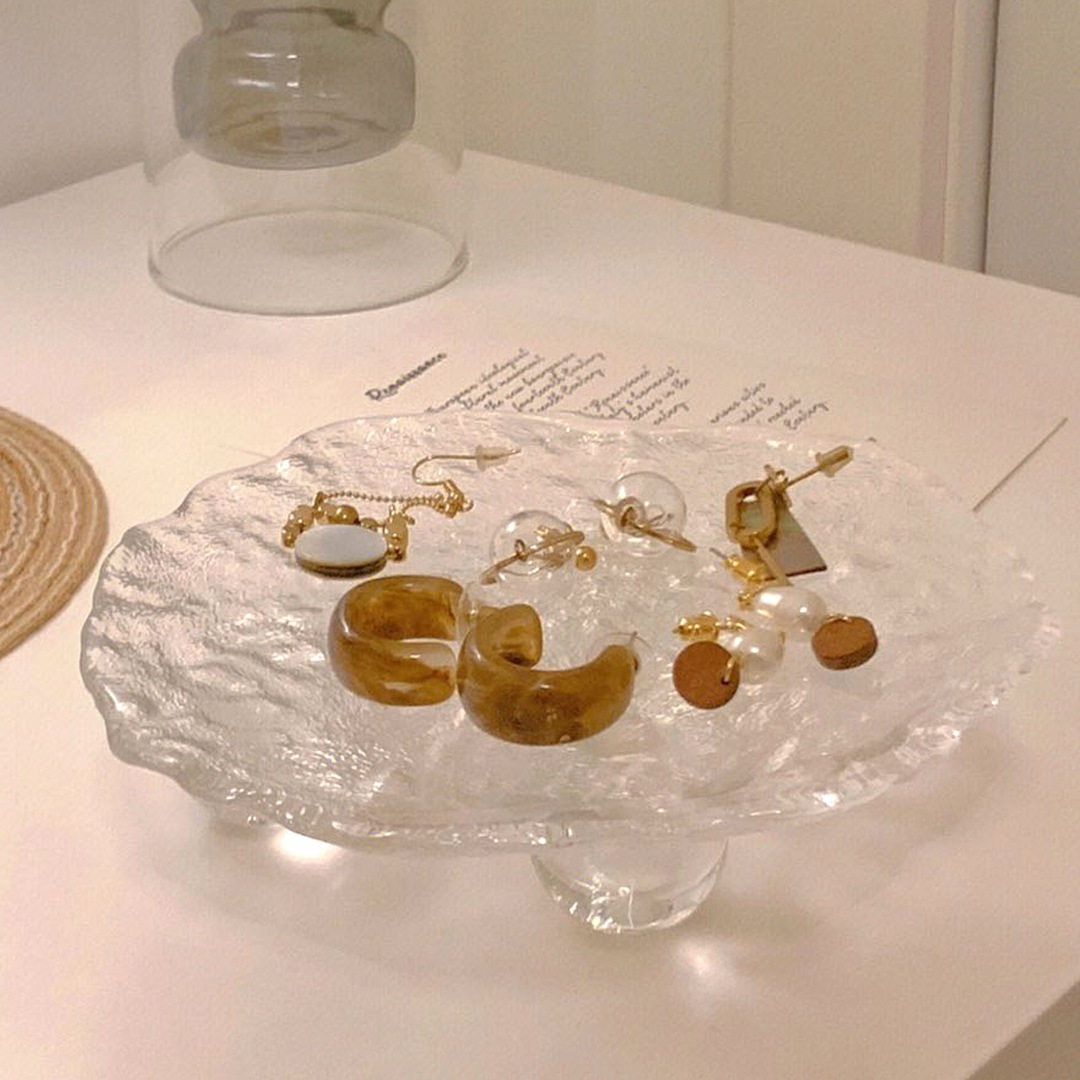 创意高脚玻璃首饰盘饰品展示托盘收纳盘珠宝摆拍装饰盘拍照道具