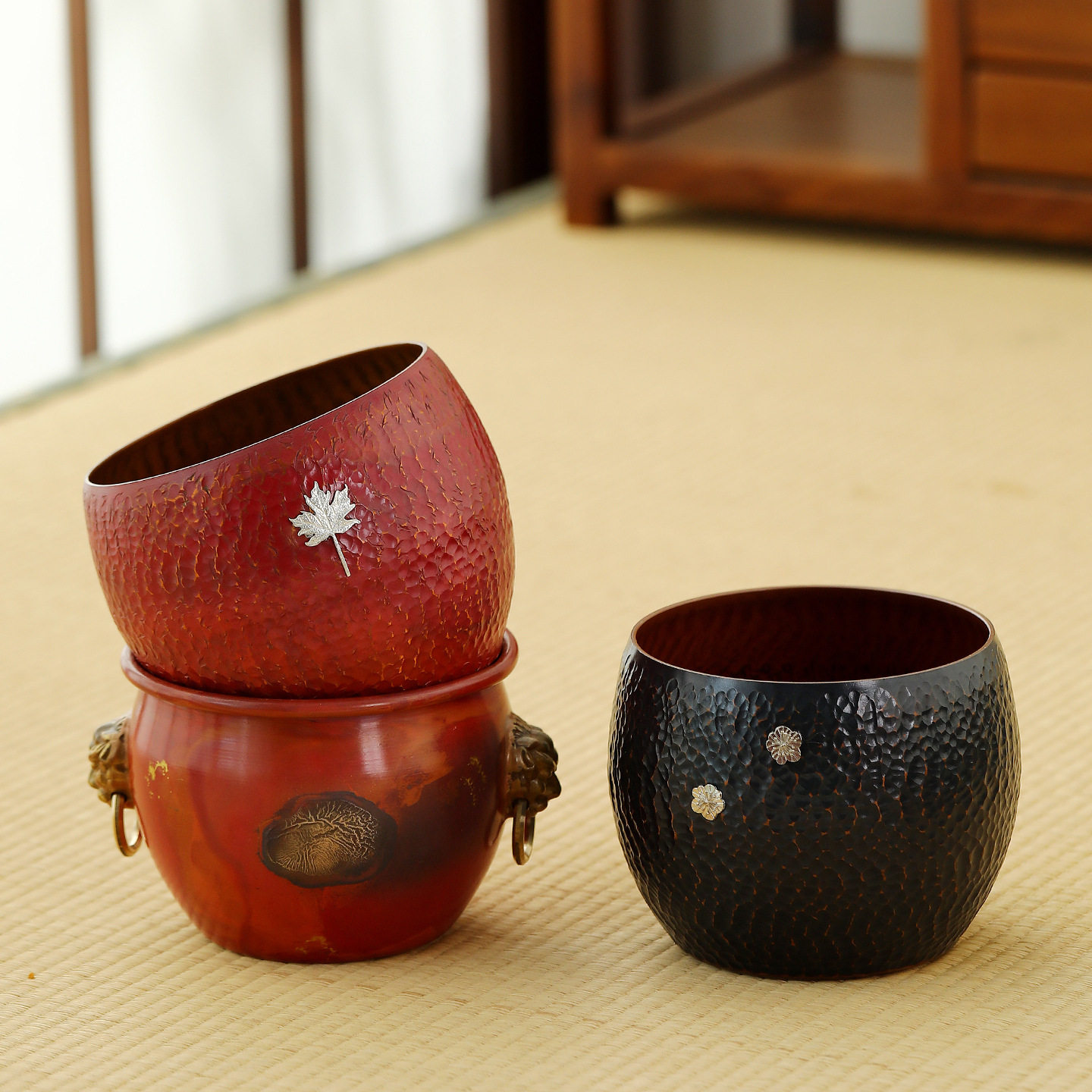 手工铜锤纹茶洗日式建水茶钵干泡茶渣桶紫铜镶银茶杯水盂笔洗