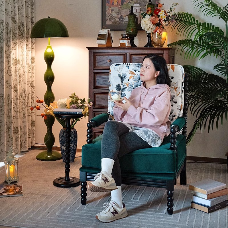 美式复古单人沙发椅老虎椅阳台轻奢躺椅实木中古风客厅法式休闲凳