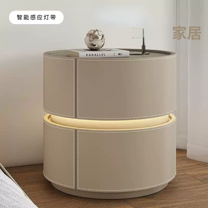 2025家用卧室轻奢感智能卧室床头柜感应灯带极简置物架收纳柜