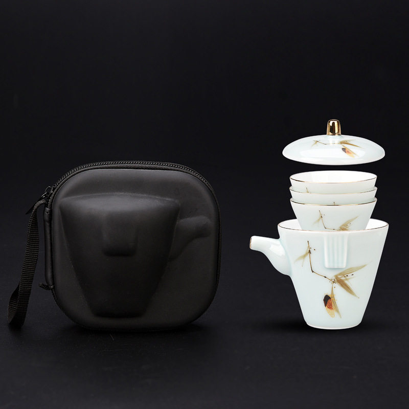 白瓷手抓壶旅行茶具 陶瓷快客杯过滤泡茶壶便携皮包办公一壶三杯