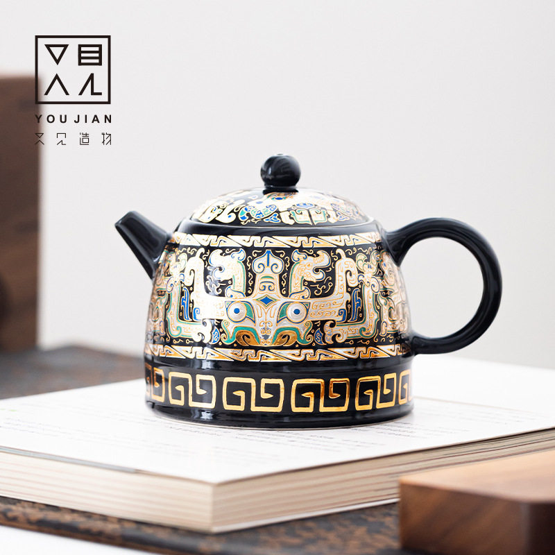 又见造物饕餮黑釉茶壶一壶二杯家用高档便捷2025新款茶壶茶杯套装