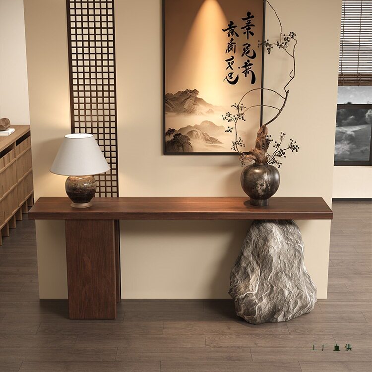 中古风实木玄关桌靠墙玄关台客厅进门条案桌现代简约仿真石端景台