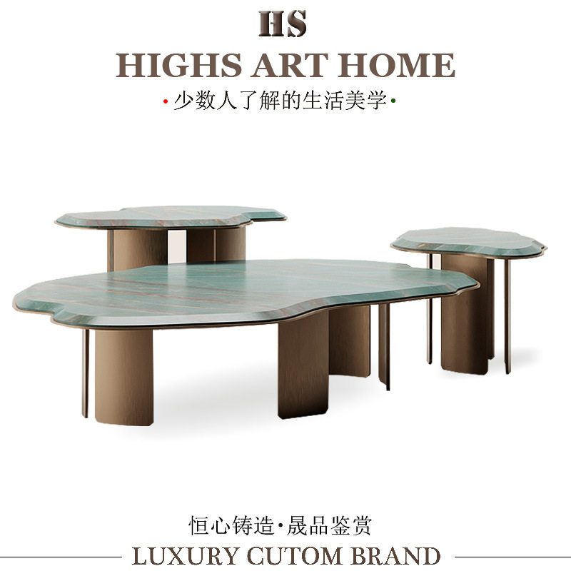意式轻奢睡莲异形大理石茶几设计师别墅客厅高级感高低组合咖啡桌